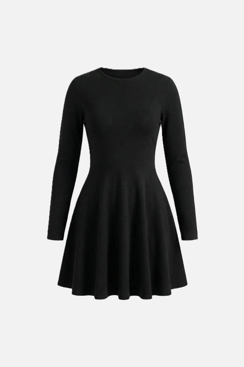 Knitted Long Sleeve Skater Dress - Fit and Flare A-Line Mini
