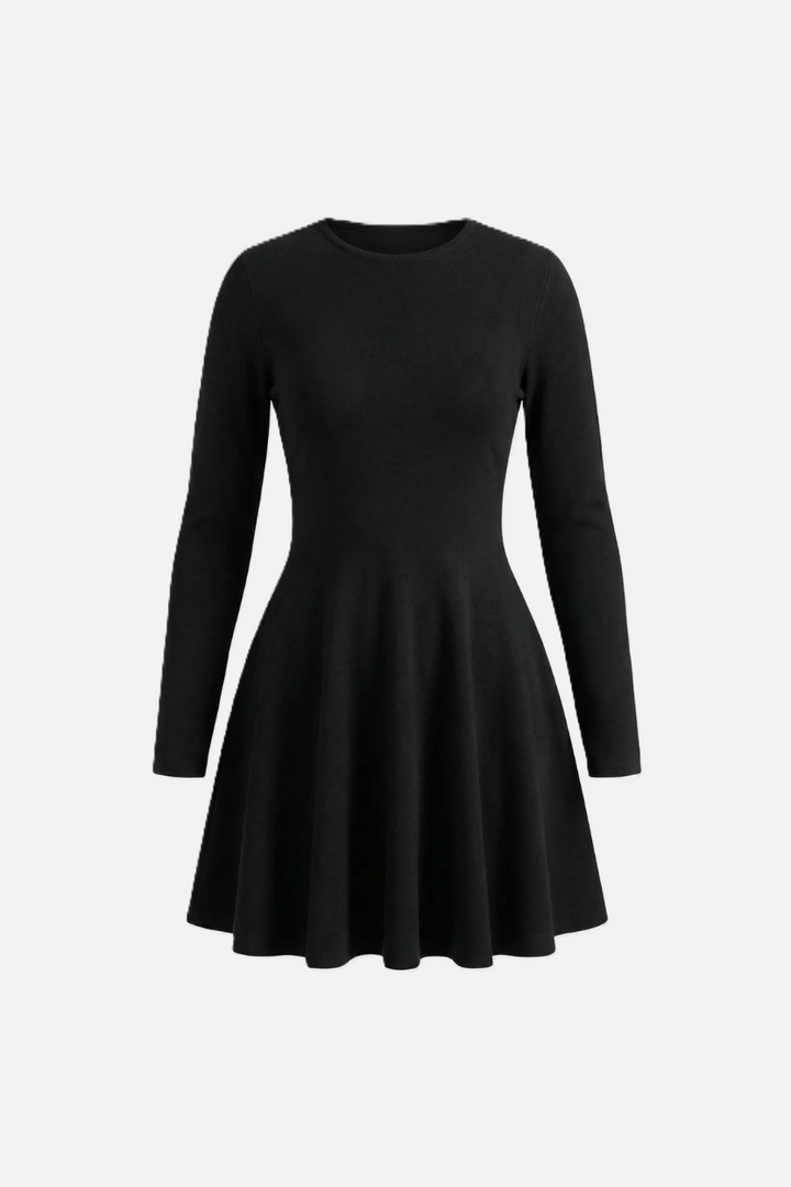 Knitted Long Sleeve Skater Dress - Fit and Flare A-Line Mini