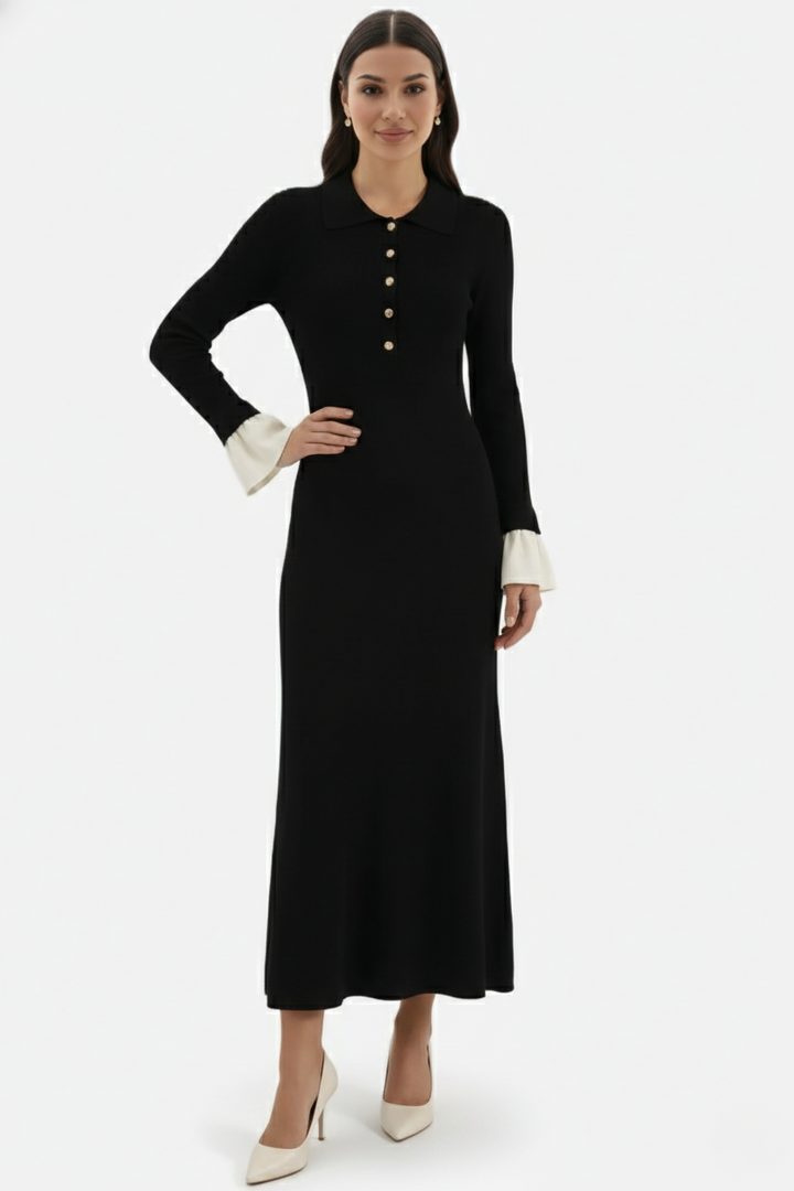 Ribbed Knit Polo Neck Maxi Dress Long Sleeve Pleated Cuffs Button Front