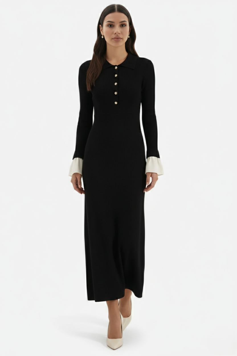 Ribbed Knit Polo Neck Maxi Dress Long Sleeve Pleated Cuffs Button Front