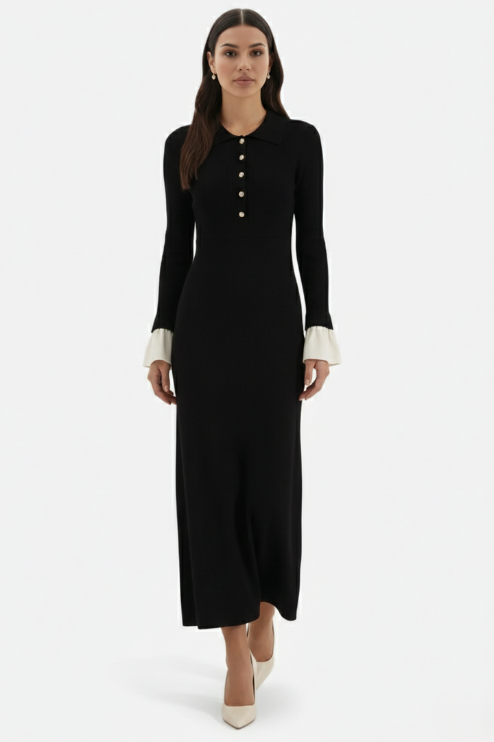 Ribbed Knit Polo Neck Maxi Dress Long Sleeve Pleated Cuffs Button Front