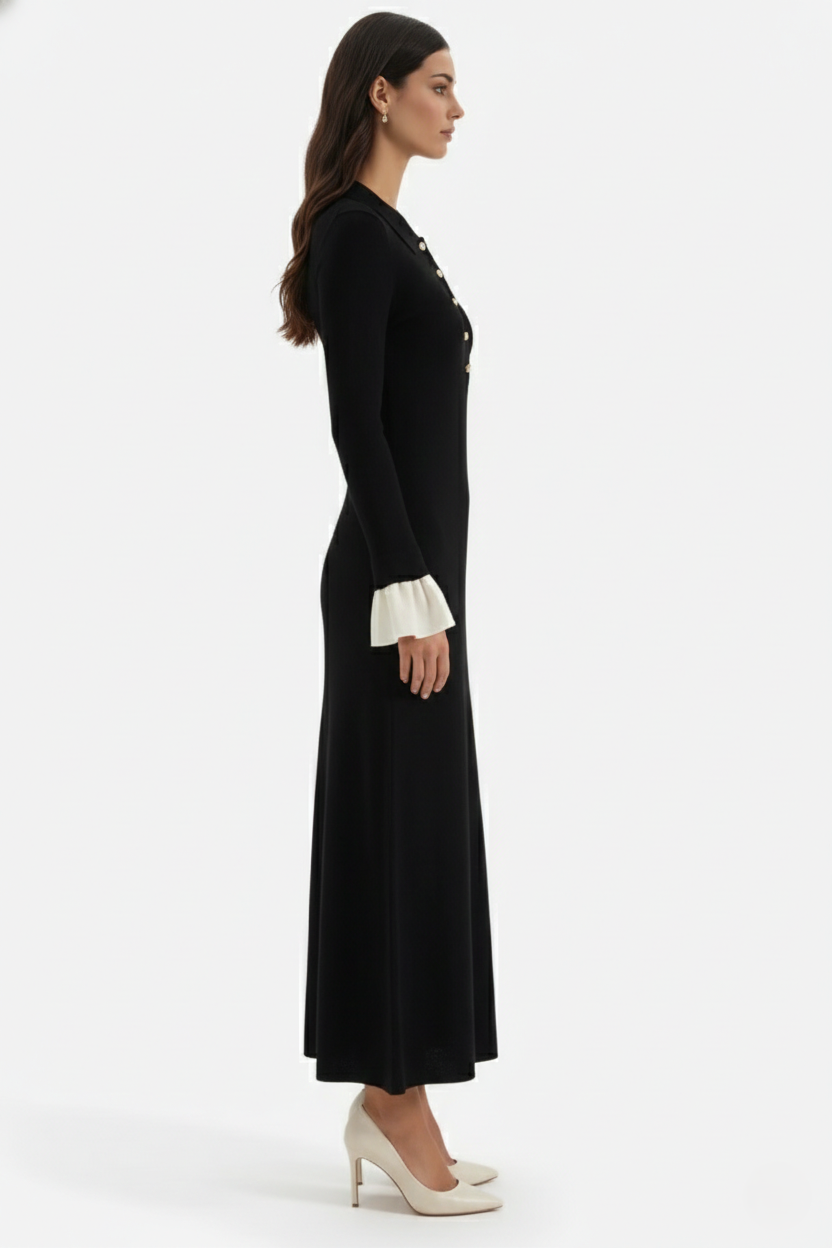 Ribbed Knit Polo Neck Maxi Dress Long Sleeve Pleated Cuffs Button Front