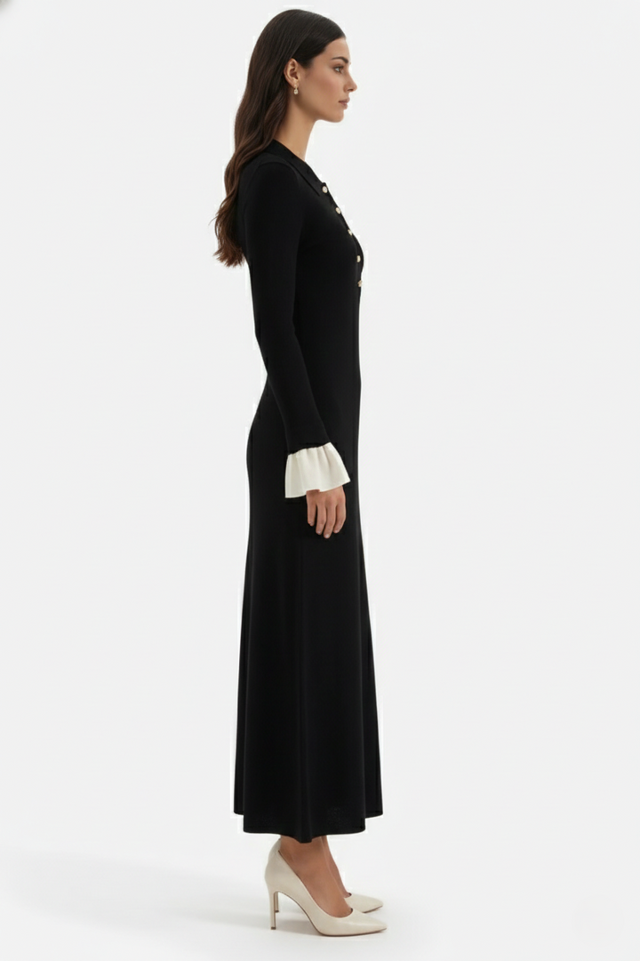Ribbed Knit Polo Neck Maxi Dress Long Sleeve Pleated Cuffs Button Front