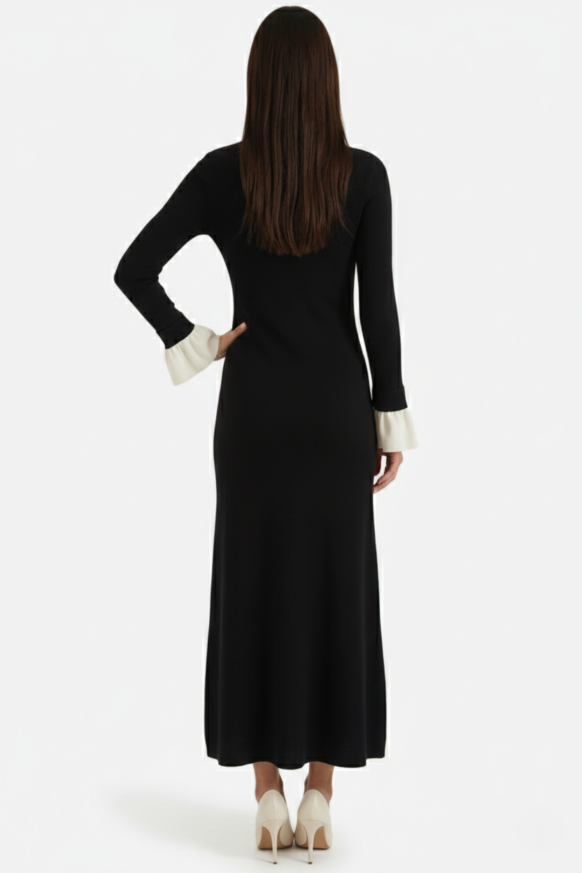 Ribbed Knit Polo Neck Maxi Dress Long Sleeve Pleated Cuffs Button Front