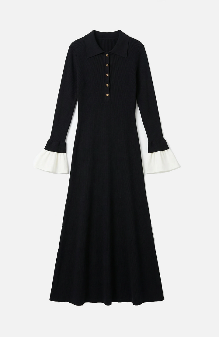 Ribbed Knit Polo Neck Maxi Dress Long Sleeve Pleated Cuffs Button Front
