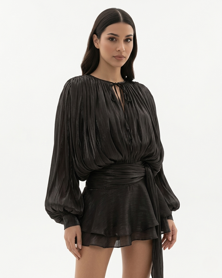 Mini Dress Tie Neck Long Sleeve Pleated Ruffle Hem