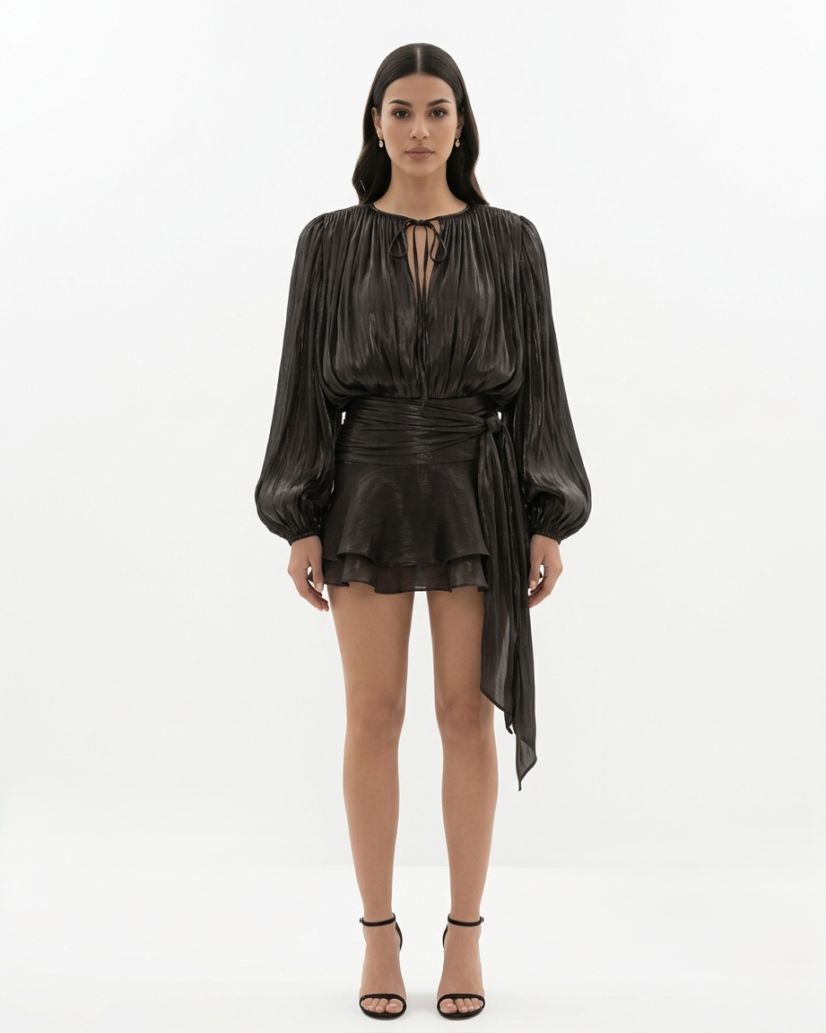 Mini Dress Tie Neck Long Sleeve Pleated Ruffle Hem