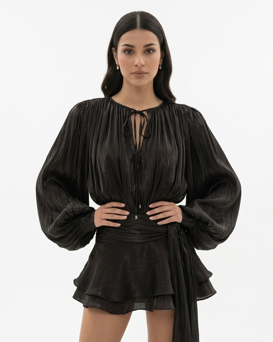 Mini Dress Tie Neck Long Sleeve Pleated Ruffle Hem