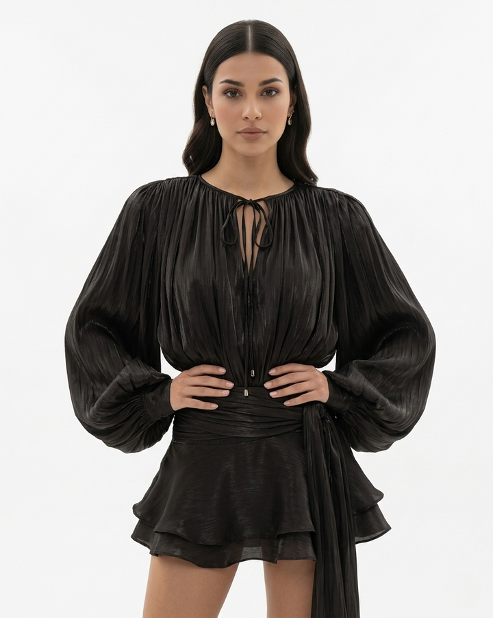 Mini Dress Tie Neck Long Sleeve Pleated Ruffle Hem