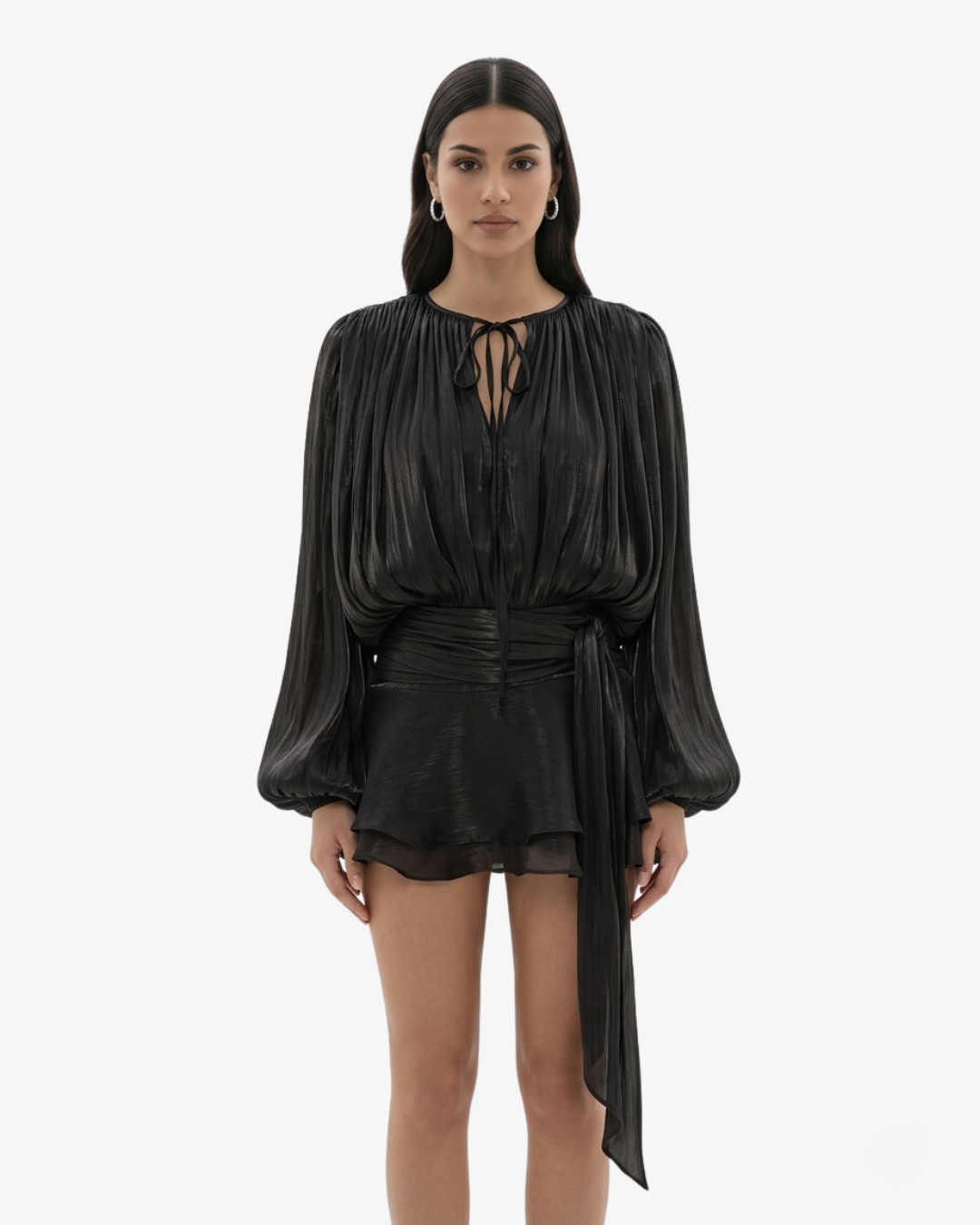 Mini Dress Tie Neck Long Sleeve Pleated Ruffle Hem