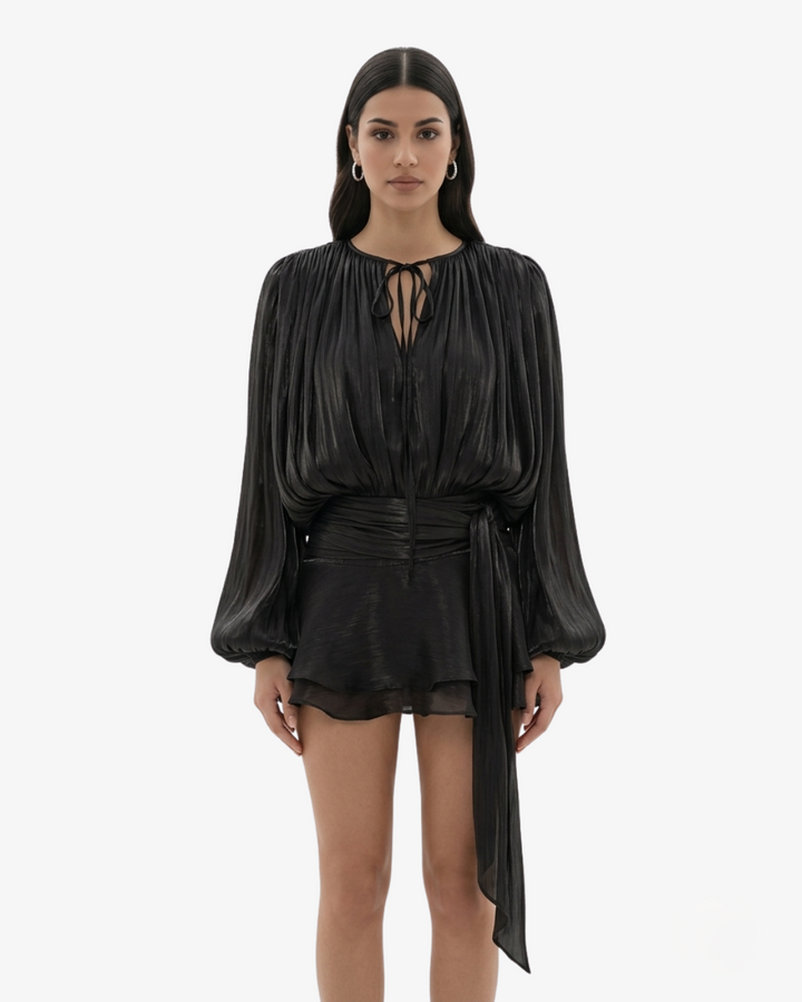 Mini Dress Tie Neck Long Sleeve Pleated Ruffle Hem