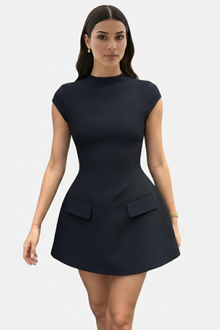 Mock Neck Fit Flare Mini Dress with Cap Sleeves and Flap Pockets