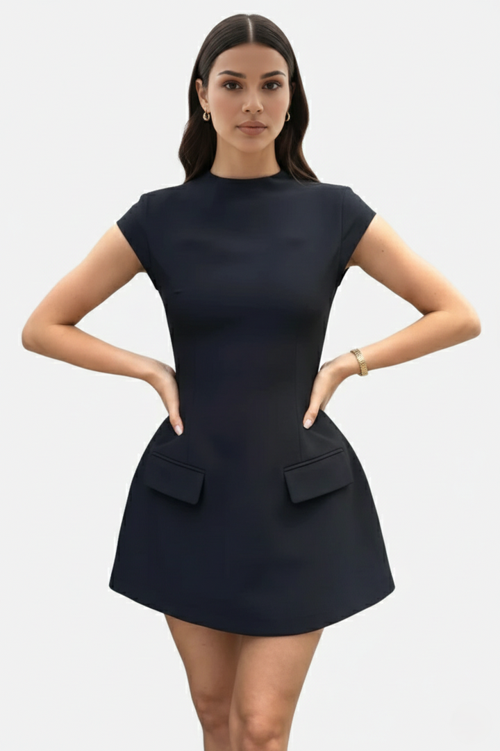 Mock Neck Fit Flare Mini Dress with Cap Sleeves and Flap Pockets