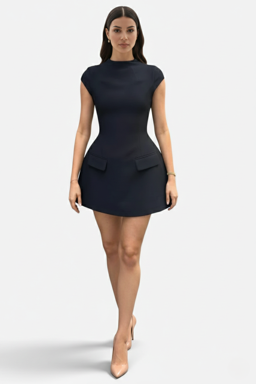 Mock Neck Fit Flare Mini Dress with Cap Sleeves and Flap Pockets
