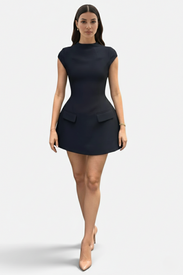 Mock Neck Fit Flare Mini Dress with Cap Sleeves and Flap Pockets
