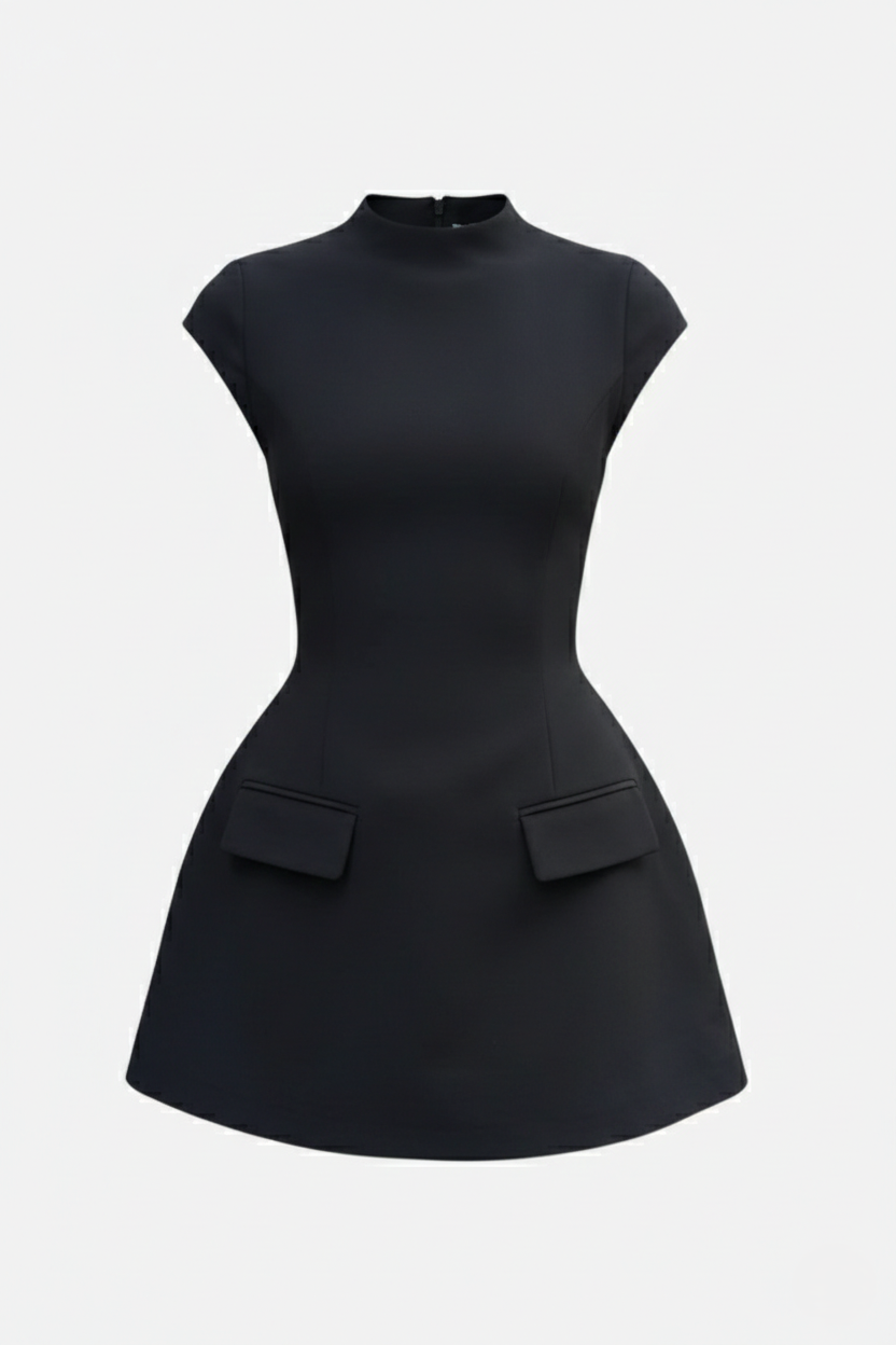 Mock Neck Fit Flare Mini Dress with Cap Sleeves and Flap Pockets