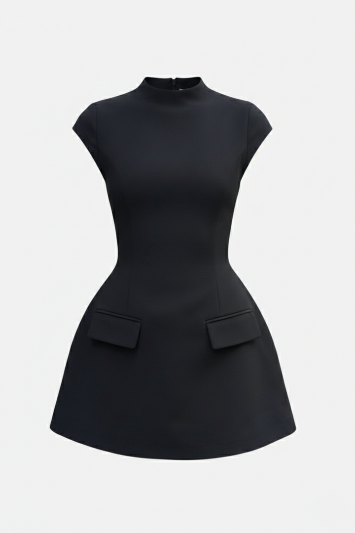 Mock Neck Fit Flare Mini Dress with Cap Sleeves and Flap Pockets