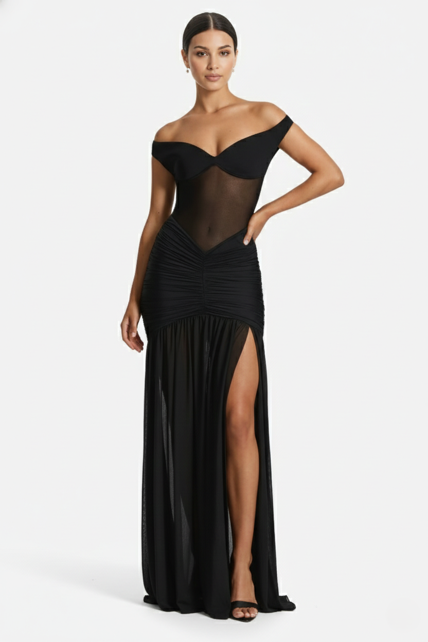 Off-Shoulder Ruched Evening Maxi Dress with High Slit and Mesh Bodice
