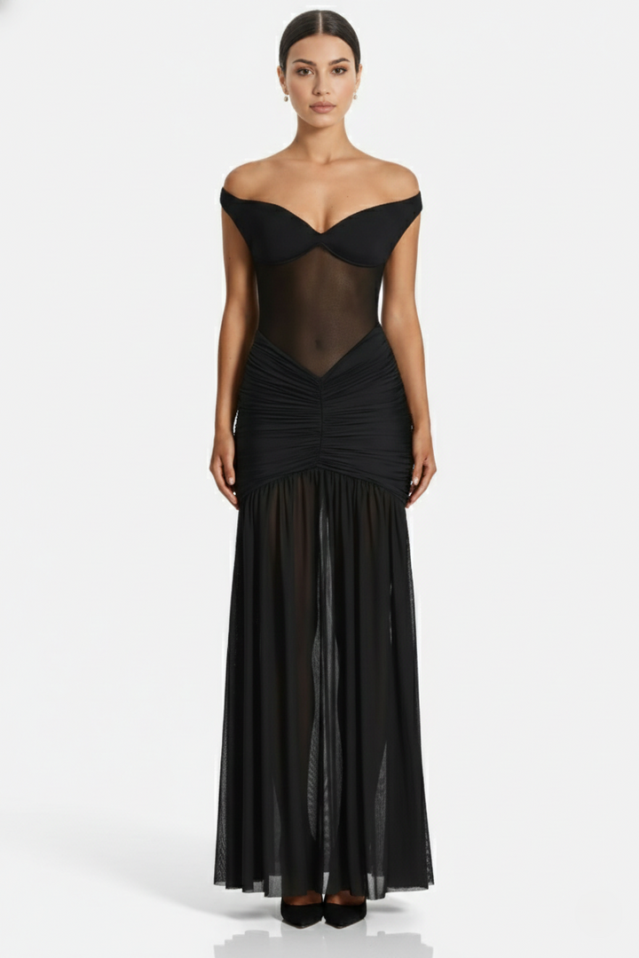 Off-Shoulder Ruched Evening Maxi Dress with High Slit and Mesh Bodice