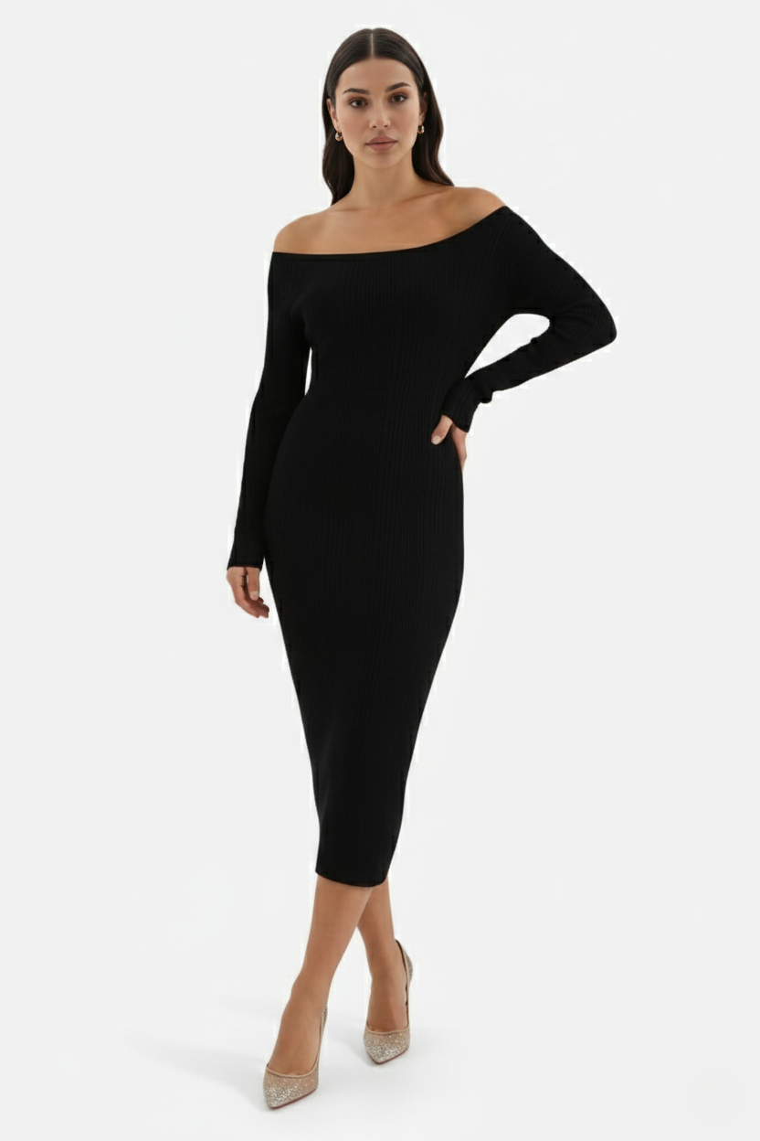 Off Shoulder Maxi Dress Slim Fit Long Sleeve Ribbed Knit
