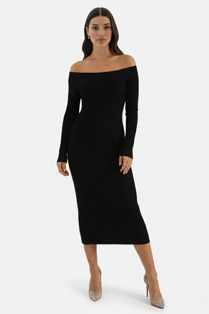 Off Shoulder Maxi Dress Slim Fit Long Sleeve Ribbed Knit