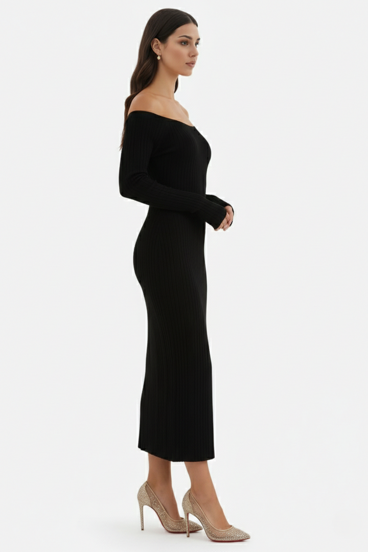 Off Shoulder Maxi Dress Slim Fit Long Sleeve Ribbed Knit