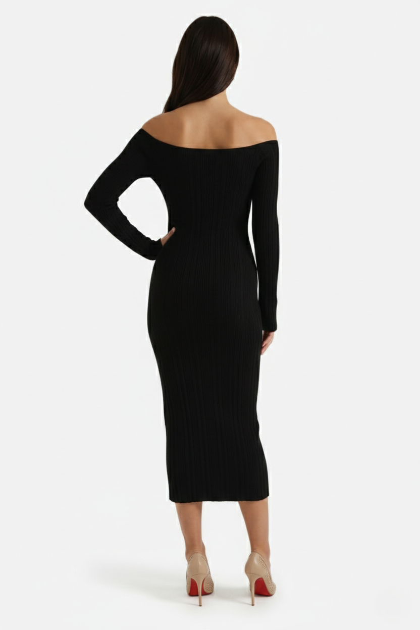 Off Shoulder Maxi Dress Slim Fit Long Sleeve Ribbed Knit