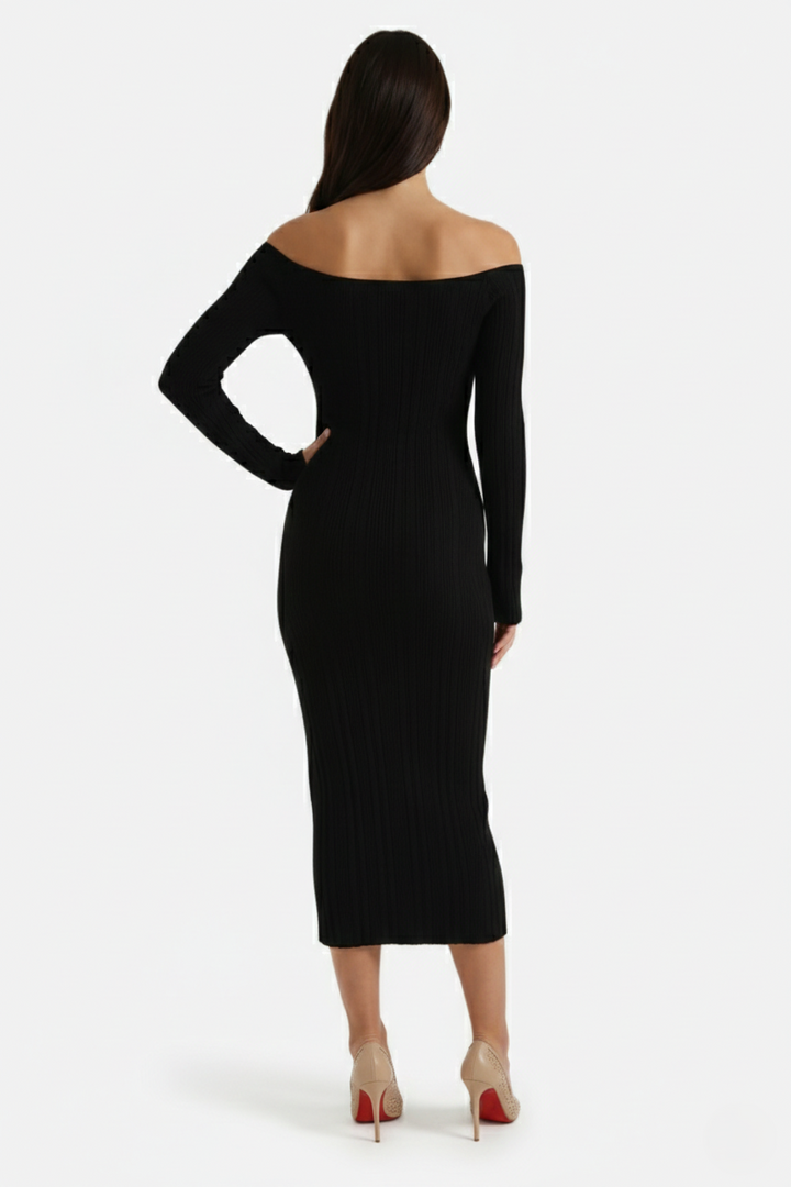 Off Shoulder Maxi Dress Slim Fit Long Sleeve Ribbed Knit