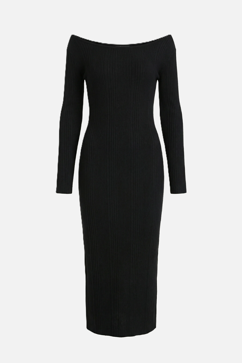 Off Shoulder Maxi Dress Slim Fit Long Sleeve Ribbed Knit