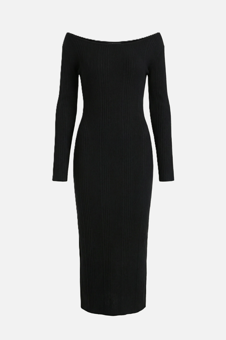 Off Shoulder Maxi Dress Slim Fit Long Sleeve Ribbed Knit