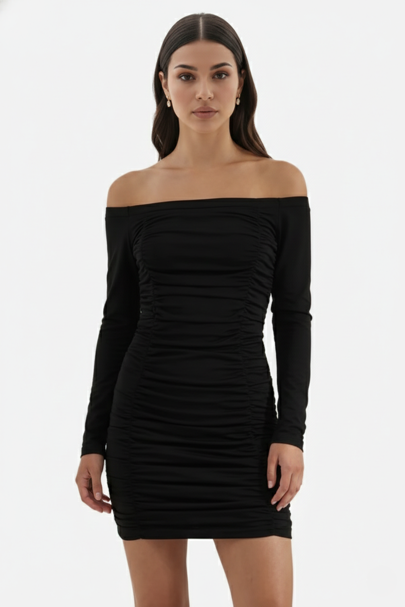 Ruched Off-Shoulder Long Sleeve Bodycon Mini Dress