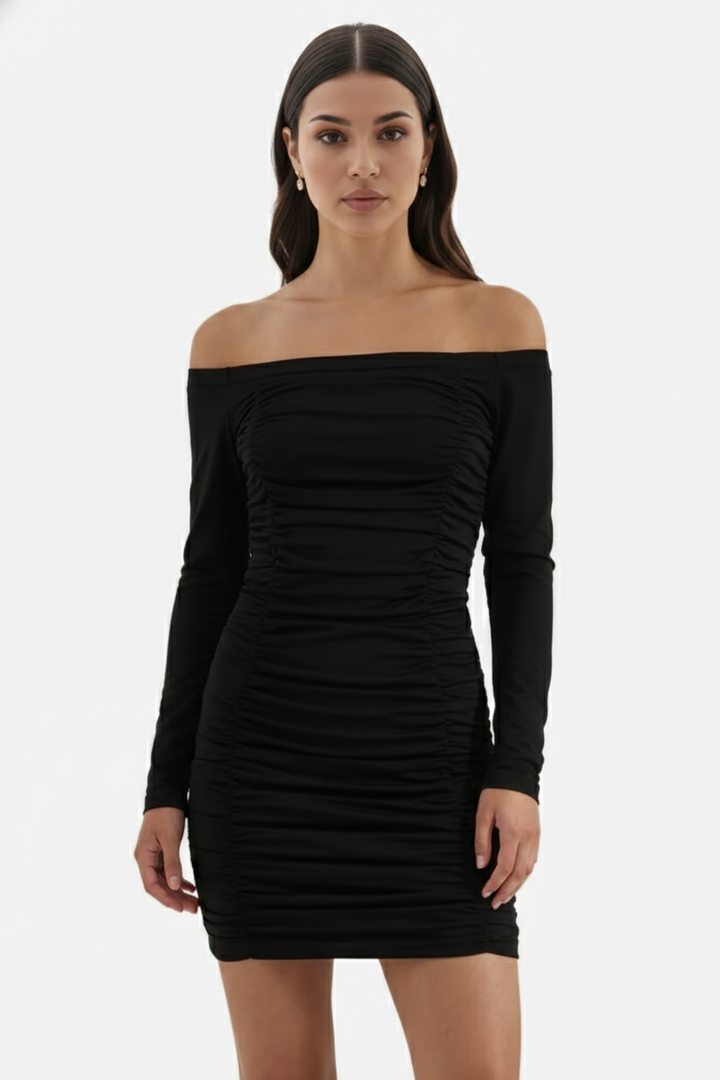 Ruched Off-Shoulder Long Sleeve Bodycon Mini Dress