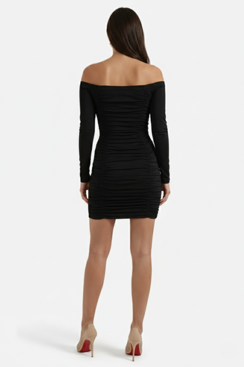 Ruched Off-Shoulder Long Sleeve Bodycon Mini Dress