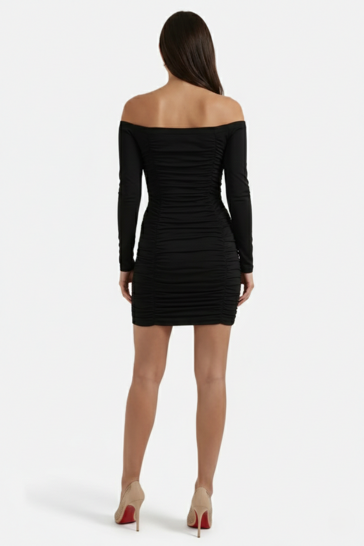 Ruched Off-Shoulder Long Sleeve Bodycon Mini Dress