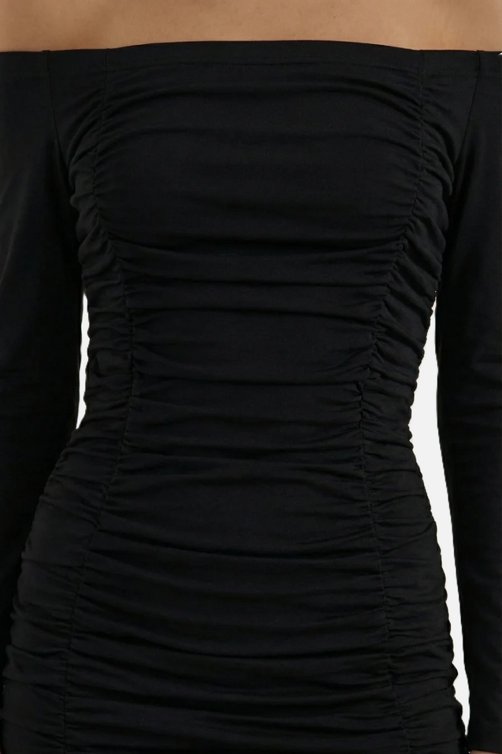 Ruched Off-Shoulder Long Sleeve Bodycon Mini Dress