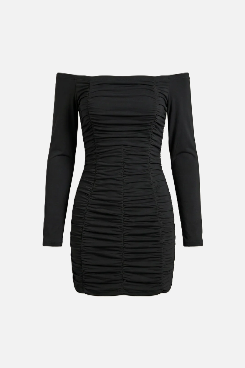 Ruched Off-Shoulder Long Sleeve Bodycon Mini Dress