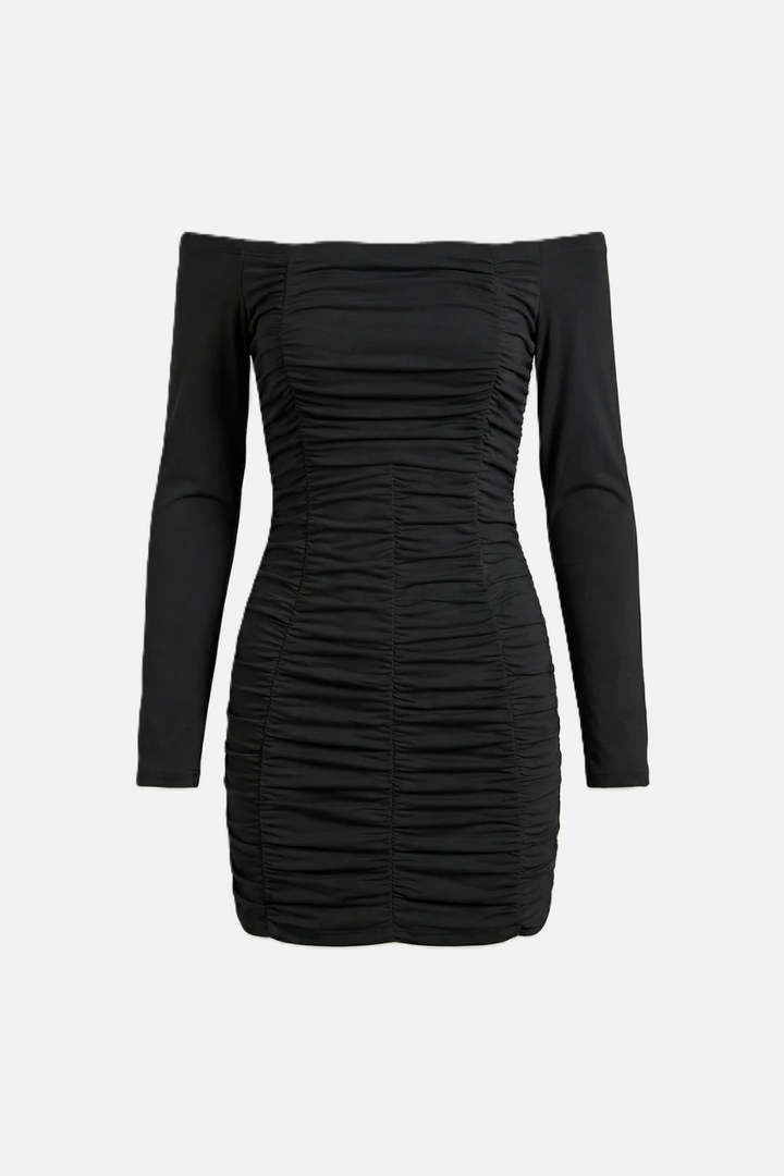 Ruched Off-Shoulder Long Sleeve Bodycon Mini Dress