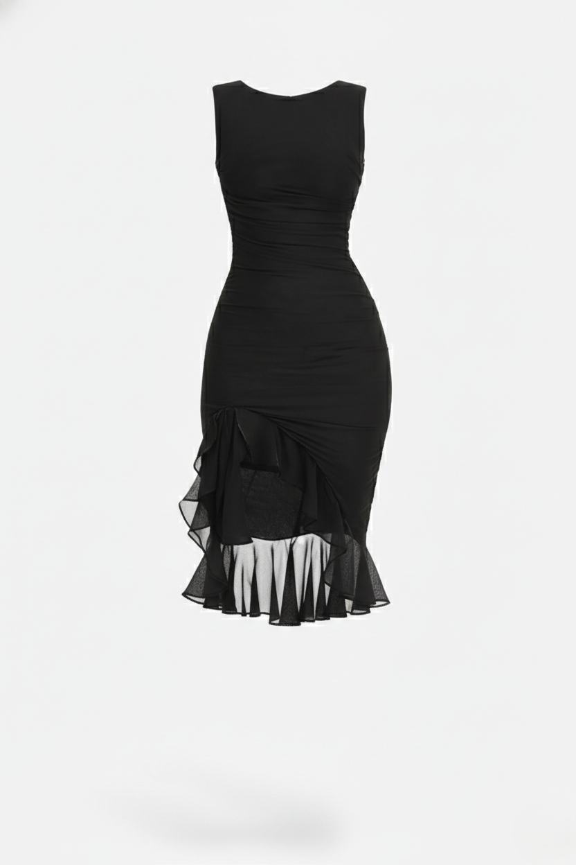Ruched Sleeveless Bodycon Midi Dress Ruffle Side Slit