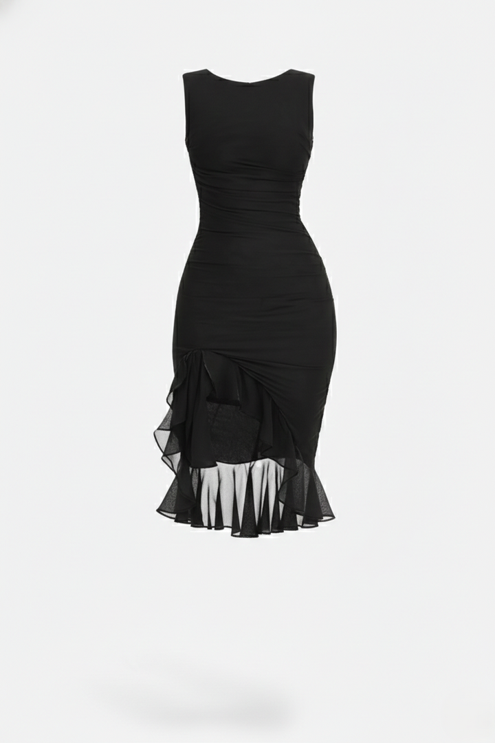 Ruched Sleeveless Bodycon Midi Dress Ruffle Side Slit