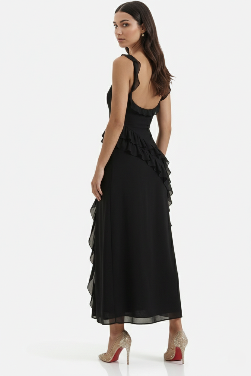 Sleeveless Ruffle Trim Maxi Dress with Front Slit