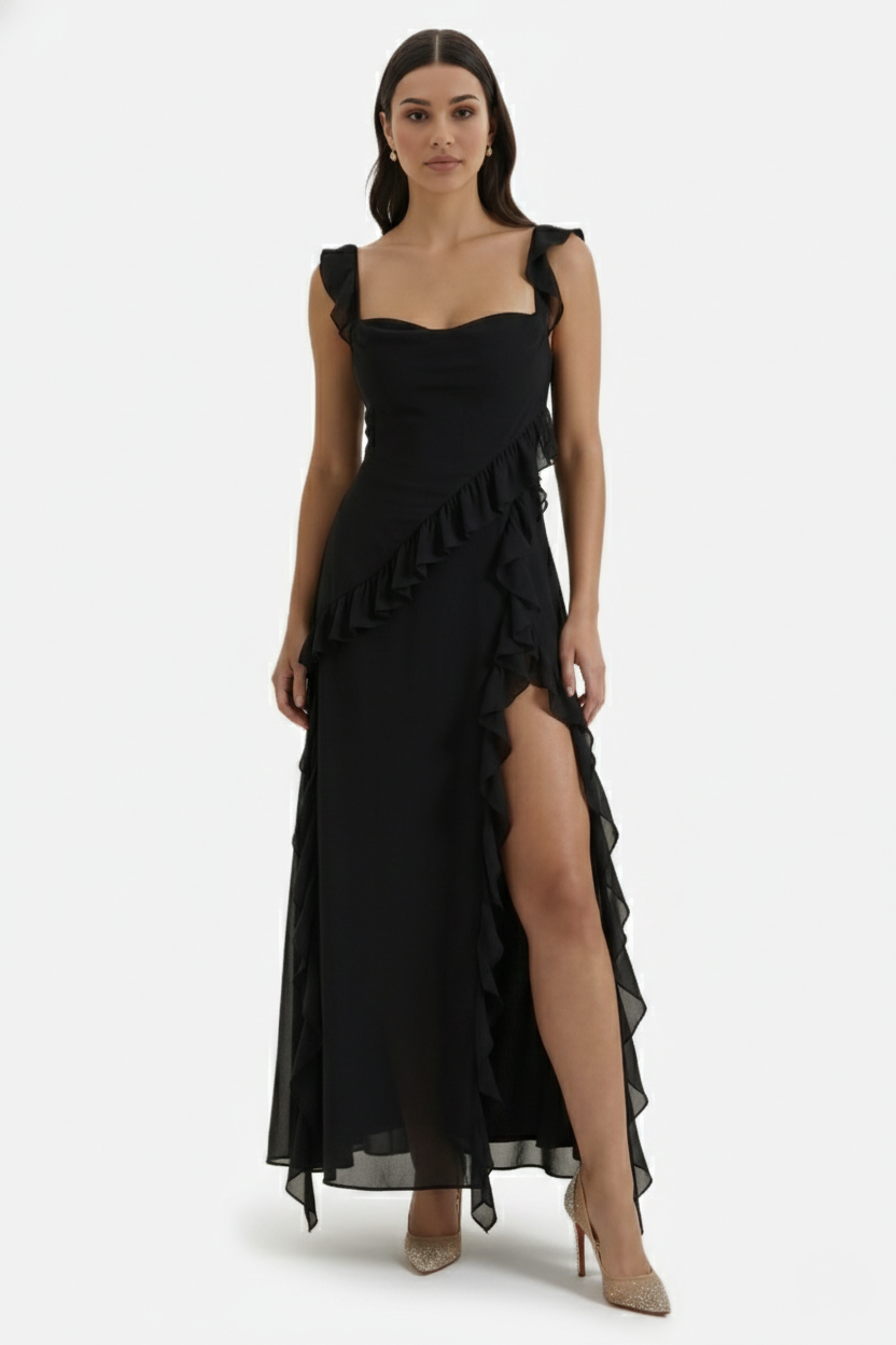 Sleeveless Ruffle Trim Maxi Dress with Front Slit