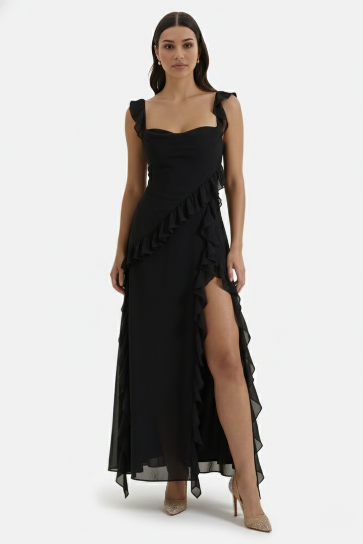 Sleeveless Ruffle Trim Maxi Dress with Front Slit