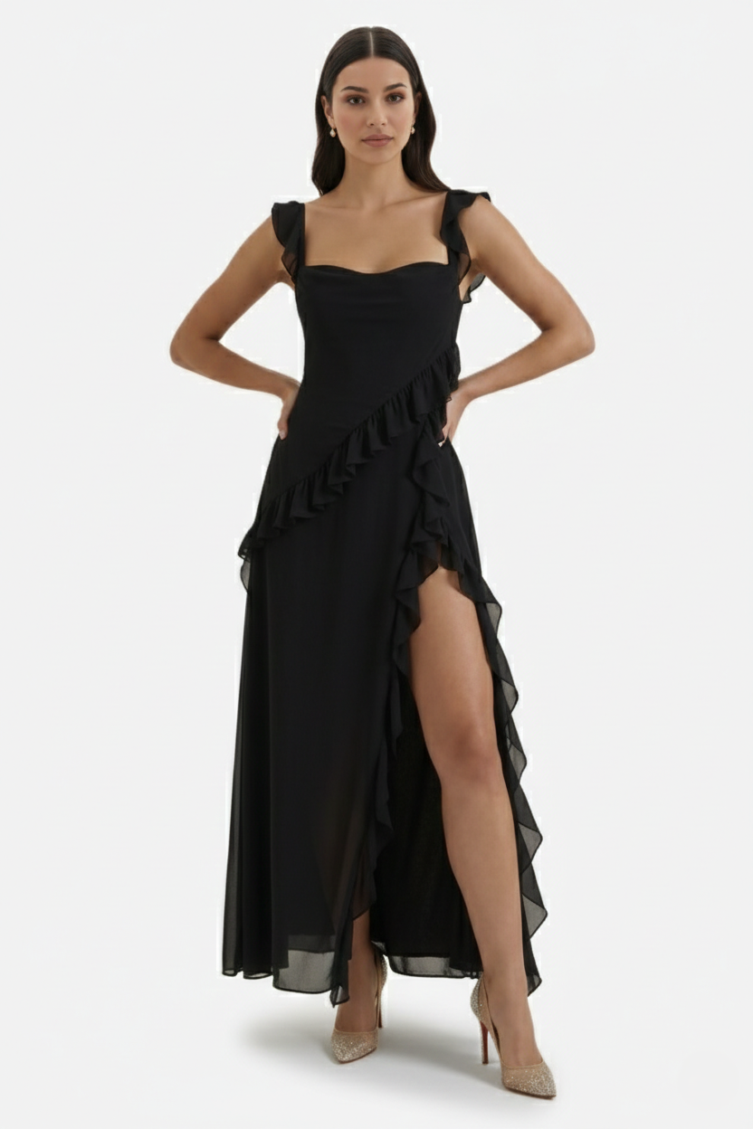 Sleeveless Ruffle Trim Maxi Dress with Front Slit