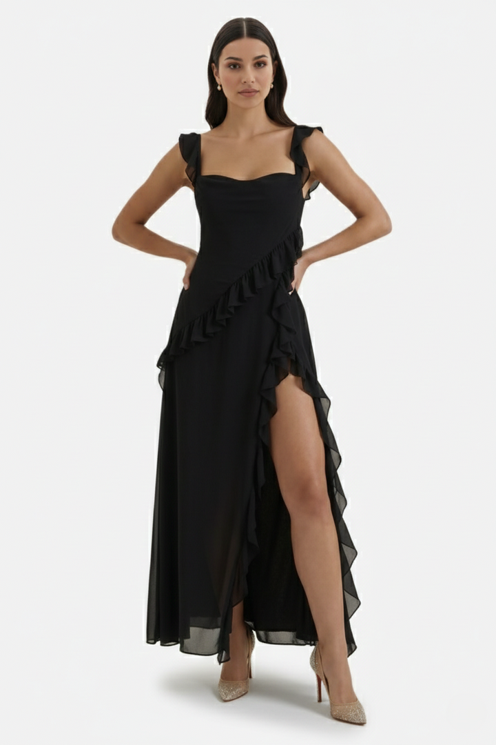 Sleeveless Ruffle Trim Maxi Dress with Front Slit