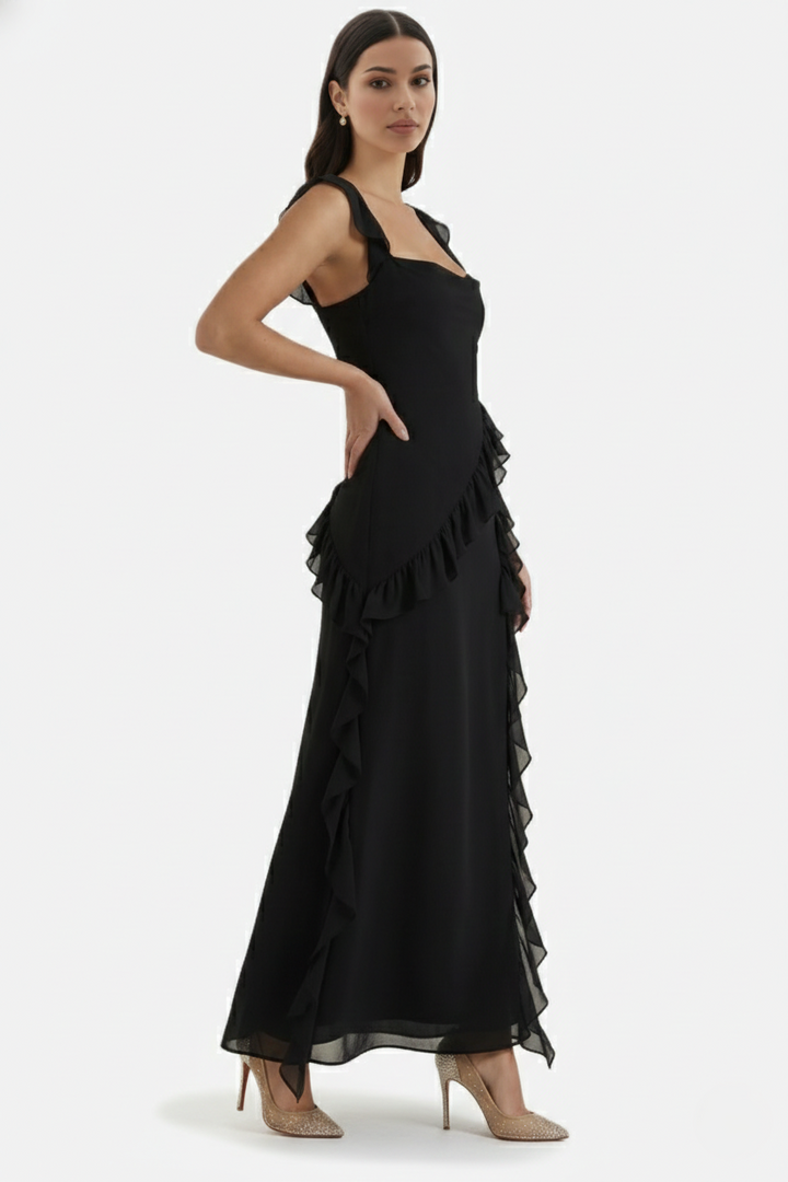 Sleeveless Ruffle Trim Maxi Dress with Front Slit