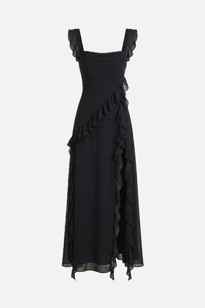 Sleeveless Ruffle Trim Maxi Dress with Front Slit