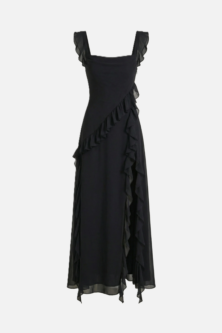 Sleeveless Ruffle Trim Maxi Dress with Front Slit
