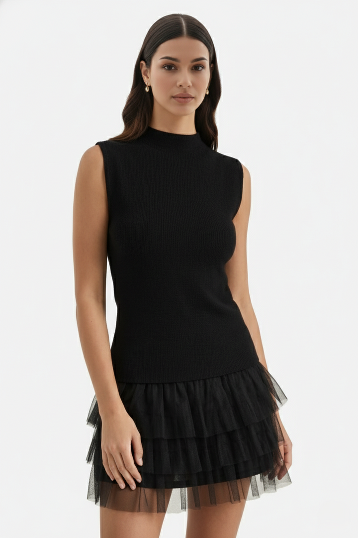 Mini Cocktail Dress Sleeveless High Neck Fitted Tiered Tulle