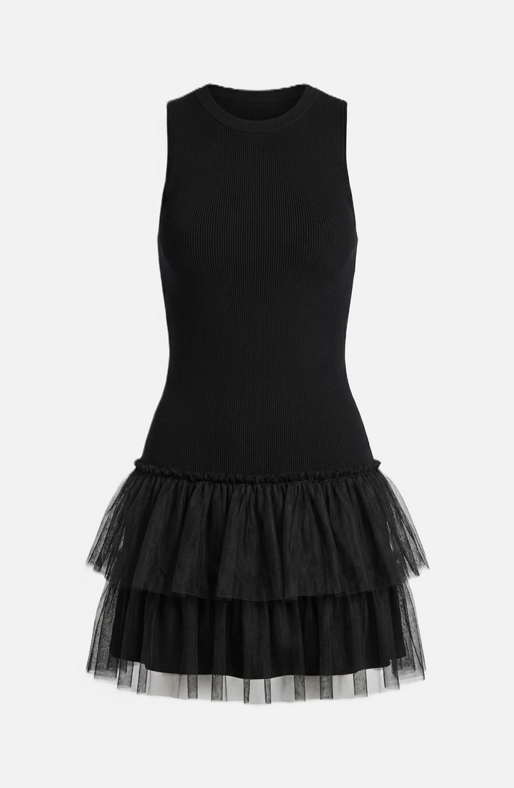Mini Cocktail Dress Sleeveless High Neck Fitted Tiered Tulle