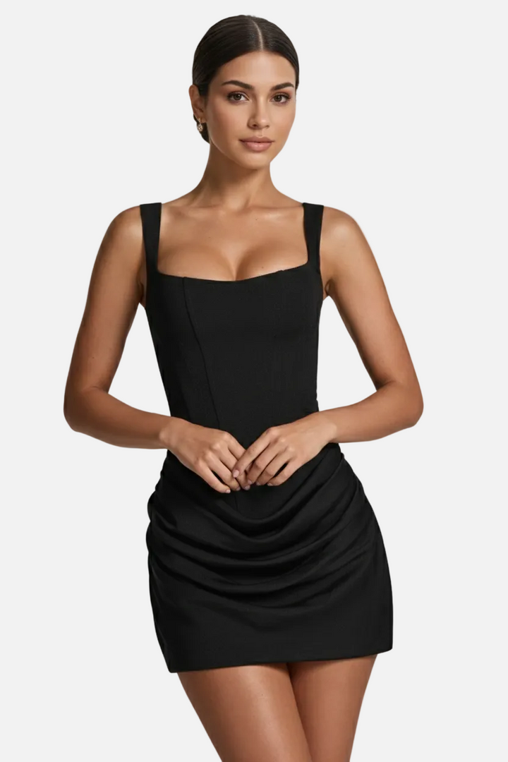 Square Neck Bodycon Mini Dress with Ruched Draped Skirt
